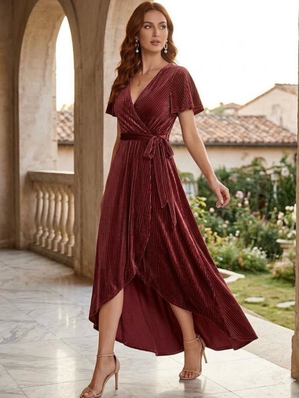 Baltic Born Andi Ribbed Velvet Wrap Maxi Dress Dark Rose Medium